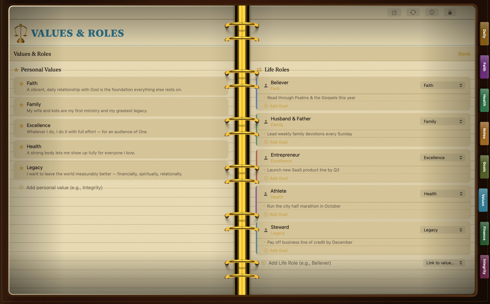 Values & Roles screen